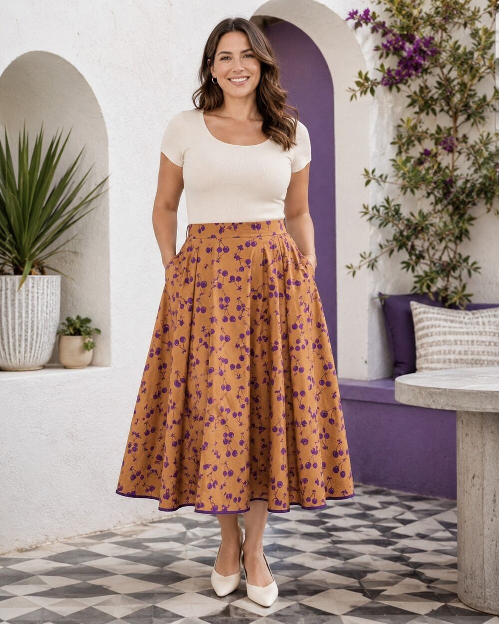 Tulip B Purple Cherry Print Midi Swing Skirt Lined Pockets Size L NWT